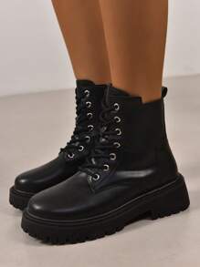 Fall/Winter Women's Side Zipper Lace Up Flat Black Chelsea Boots, Casual, Fashionable, Versatile, Anti-Slip, Round Toe, Ankle & Short Boots - Black - View 3