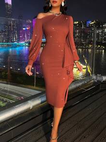 時尚性感斜肩長袖連衣裙