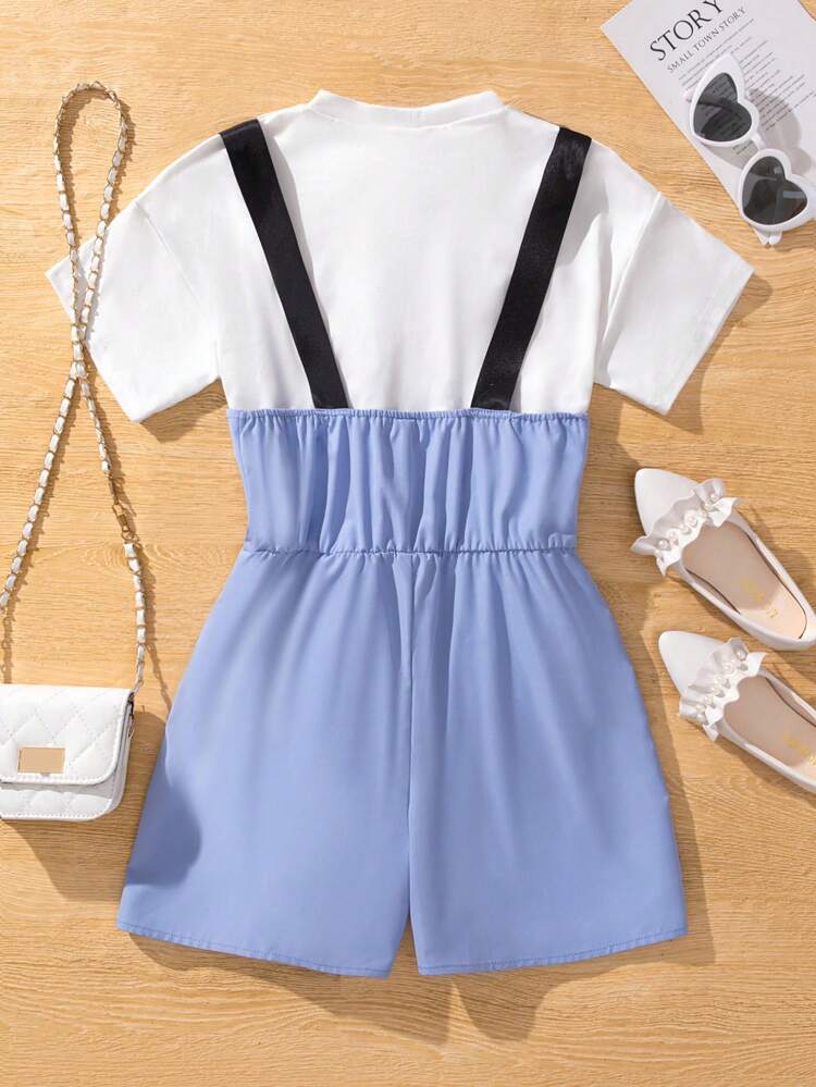 Tween Girls' Short Sleeve T-Shirt And Suspender Shorts Set