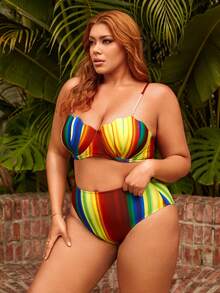 SHEIN Swim Curve 大码拼色条纹比基尼套装 3 件套 狂欢夏日海滩 - 彩色 - 查看 3