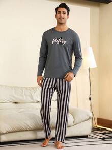 Men'S Letter & Stripe Design Homewear Set - Dark Grey - View 6
