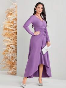 Modelyn Women's Asymmetrical Ruffled Hem Pleated Dress Long Evening Dresses - Mauve Purple - View 5