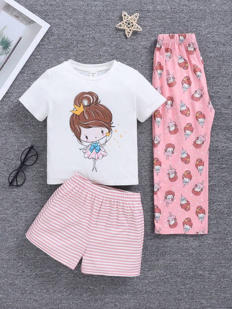 Young Girl Daily Casual Knitted Round Neck Cartoon Girl Short-Sleeved Top, Pants And Shorts Three-Piece Pack