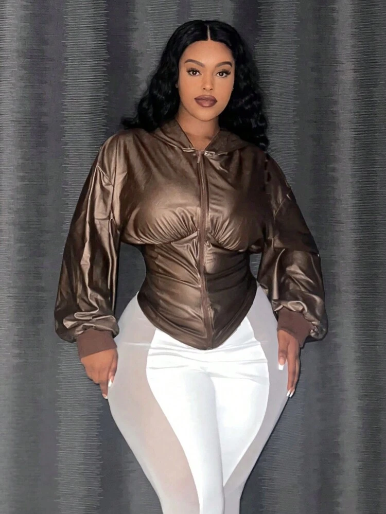 Plus Size Women's Zipper Front Hooded Jacket