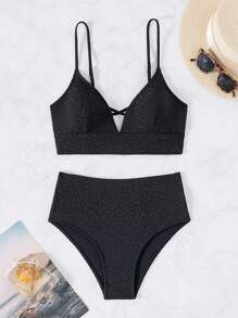 SHEIN Swim Women's Leopard Jacquard Cami Two-Piece Bikinis Set Carnival Summer - Black - View 4