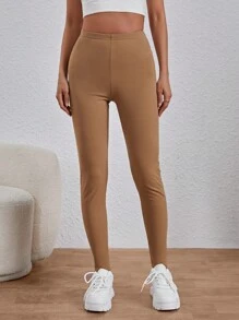 SHEIN Essnce Women'S Solid Color Leggings - Mocha Brown - View 6