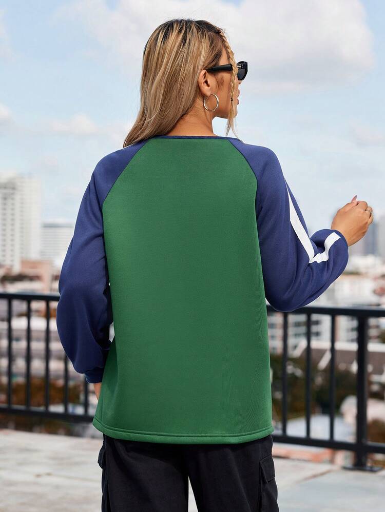 Casual Color Block Letter Print Raglan Sleeve Fleece Sweatshirt, Autumn & Winter Pullover Fall Sweatshirt