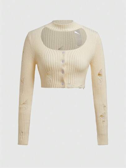 Pull D'hiver Déchiré Avec Trou Pour Femmes, Couleur Unie