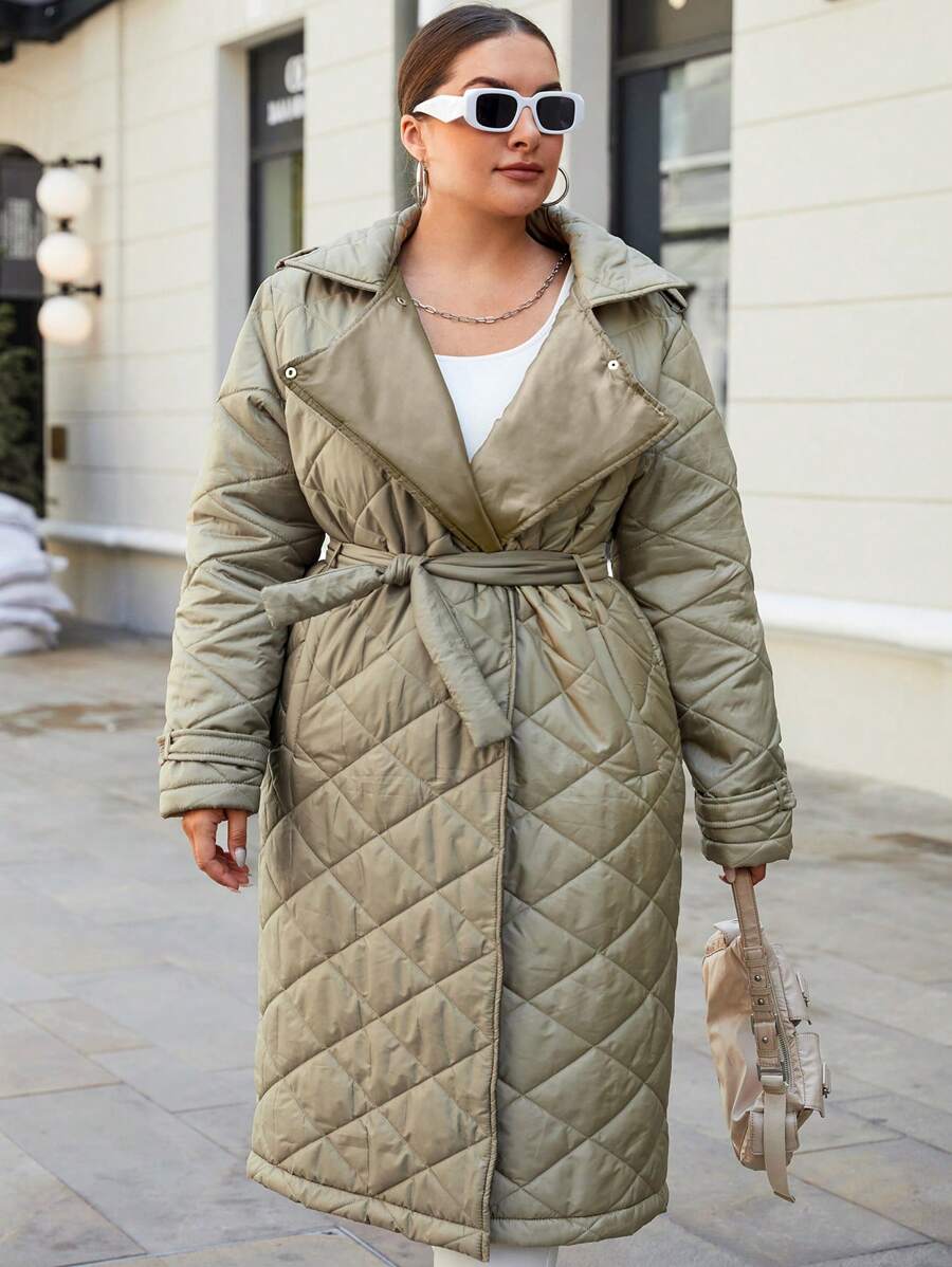 RueChic Plus Zip Up Belted Quilted Coat - Green - View 1