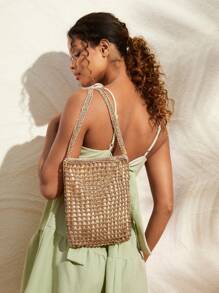 SHEIN VCAY Bolsa De Praia De Verão Trançada E Vazada, Bolsa De Palha Trançada, Bolsa De Tecido Trançado, Perfeita Para Viagem De Verão, Ao Ar Livre E Férias