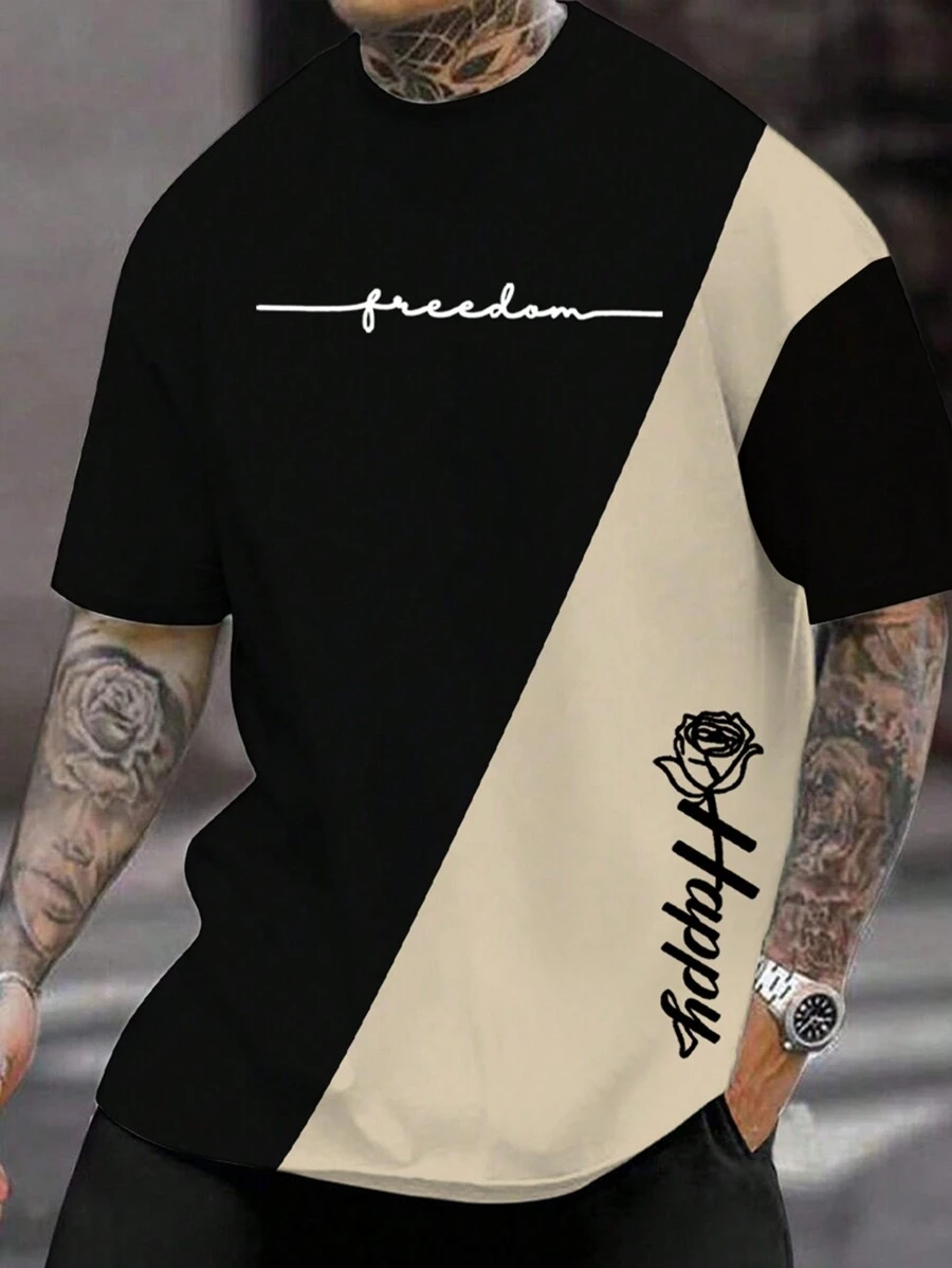 Manfinity Roughcore 男士超大字母印花撞色落肩拼色 T 恤，街头装，男友礼物，适合外出 - 彩色 - 查看 1