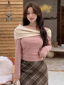 DAZY Suéter de manga larga con paneles de bloques de color, ropa de otoño para la escuela - Rosa - Ver 6