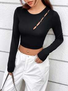 SHEIN EZwear 女款黑色針織鏤空修身短版 T 卹 - 黑色 - 查看 5