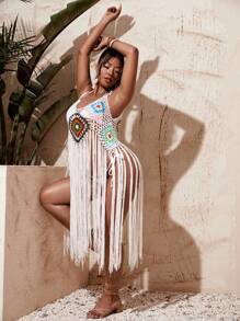 SHEIN Swim Curve 大尺寸 1 件流蘇下擺鉤編織帶背心罩衫 - 白色 - 查看 3