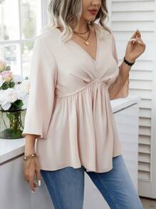 Calvaya 大尺寸純色荷葉邊上衣 - 杏色 - 查看 5