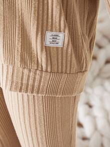 青少女編織標籤針織毛絨連帽衛衣和鈴鐺底休閒兩件套裝 - 杏色 - 查看 4