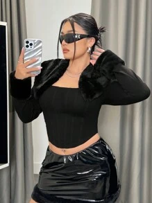 SHEIN ICON 女士大尺碼毛絨拼接長袖修身t恤 - 黑色 - 查看 3
