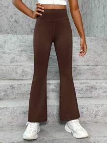 SHEIN Leap Crew Tween Girl 纯色高腰喇叭运动裤 - 棕色 - 查看 4