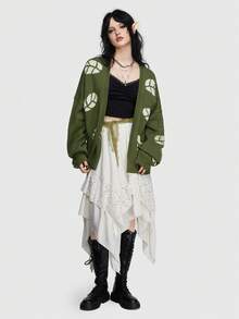 ROMWE Fairycore 女用葉子圖案開襟衫 - 軍綠色 - 查看 7