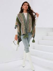 SHEIN Essnce 女款幾何圖案針織開襟外套,帶流蘇細節 - 彩色 - 查看 5