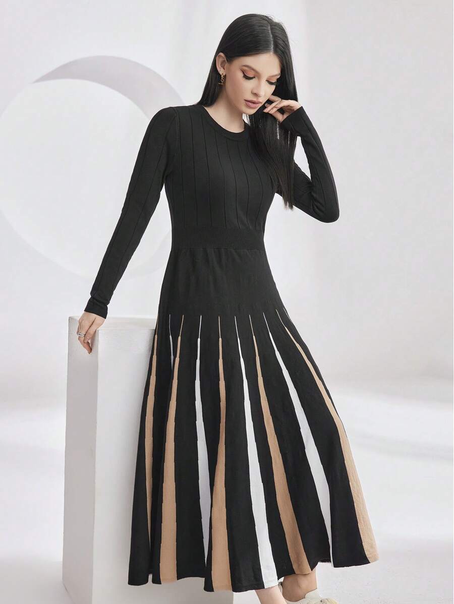 Mulvari Váy len dài tay viền loe kẻ sọc tương phản - Nhiều màu - Xem 1