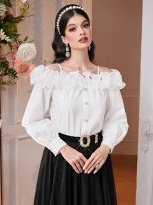Modelyn Women'S Solid Color Exaggerated Flounced Cold Shoulder Shirt - White - View 1