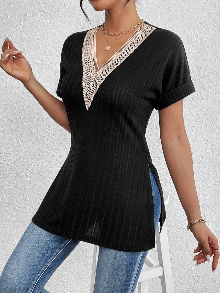 SHEIN LUNE Ladies' Lace Splice Side Slit T-Shirt - Black - View 1