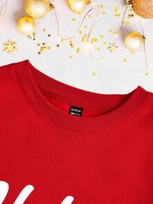 SHEIN Essnce 1件女士寬鬆款新年字母印花保暖圓領毛絨衫 - 紅色 - 查看 6