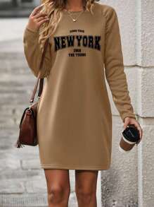 INAWLY 字母印花插肩袖長袖長裙 - 卡其色 - 查看 3