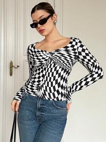 SHEIN Essnce 格紋修身基本款 T 卹 - 黑與白 - 查看 1