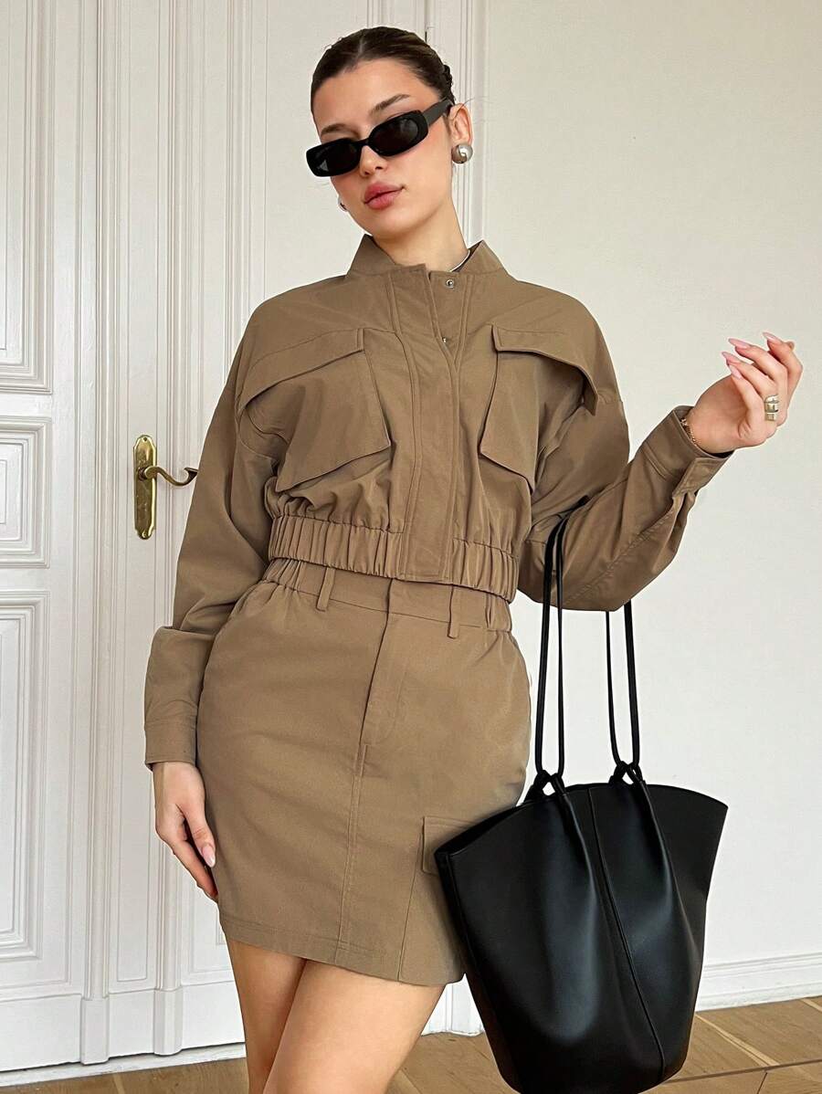 SHEIN Essnce Effen kleur Cargo Sets - Kaki - Bekijken 1