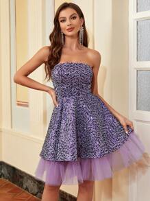 SHEIN Belle 網眼及珠片拼接的無肩帶雞尾酒裙 - 紫色 - 查看 4