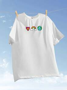 SHEIN Qutie Của phụ nữ Hoạt hình Tim In Áo thun - trắng - Xem 6