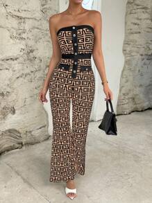 SHEIN Privé 扣環裝飾幾何圖案抹胸連身褲 - 彩色 - 查看 4