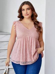 SHEIN Clasi Plus Size V-Neck Ruffle Hem Decorated Lace Elegant Blouse