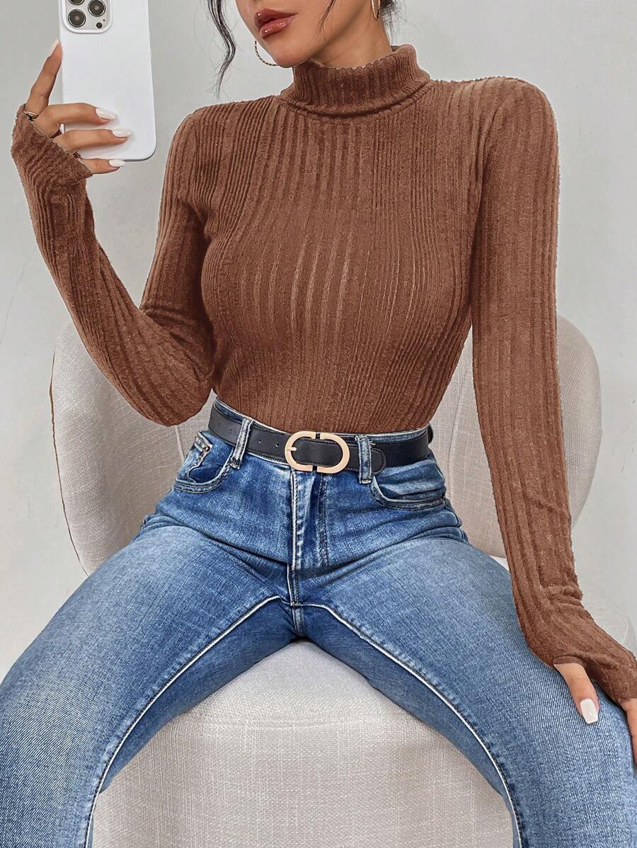 SHEIN Essnce Của phụ nữ Màu thuần Đồ đan Ribbed Cổ cao Lỗ ngón tay cái Áo thun - Cà phê nâu - Xem 1