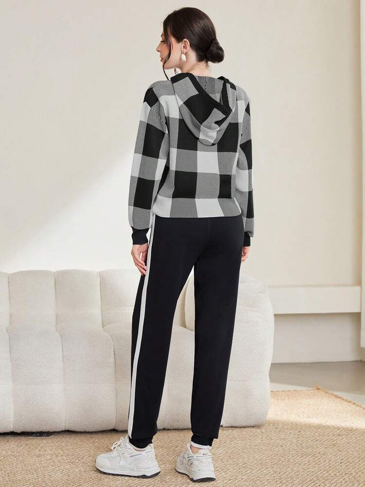 Women'S Checkered Drawstring Hooded Sweater & Color Block Striped Long Pants Two Piece Set
