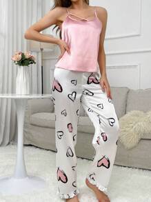 Damen Solider Farbe Ärmelloses Camisole Und Mit Herzdruck Hose Pyjama Set