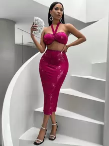 Zolique Conjunto De Top De Cuello Halter Y Falda Con Lentejuelas - Rosa Fucsia - Ver 3