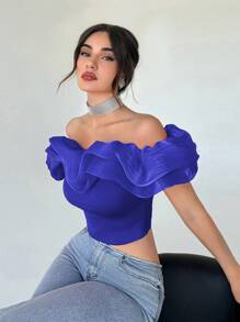Aloruh Women's Casual Off Shoulder Ruffle Top With Decorative Trim - Blue - View 3
