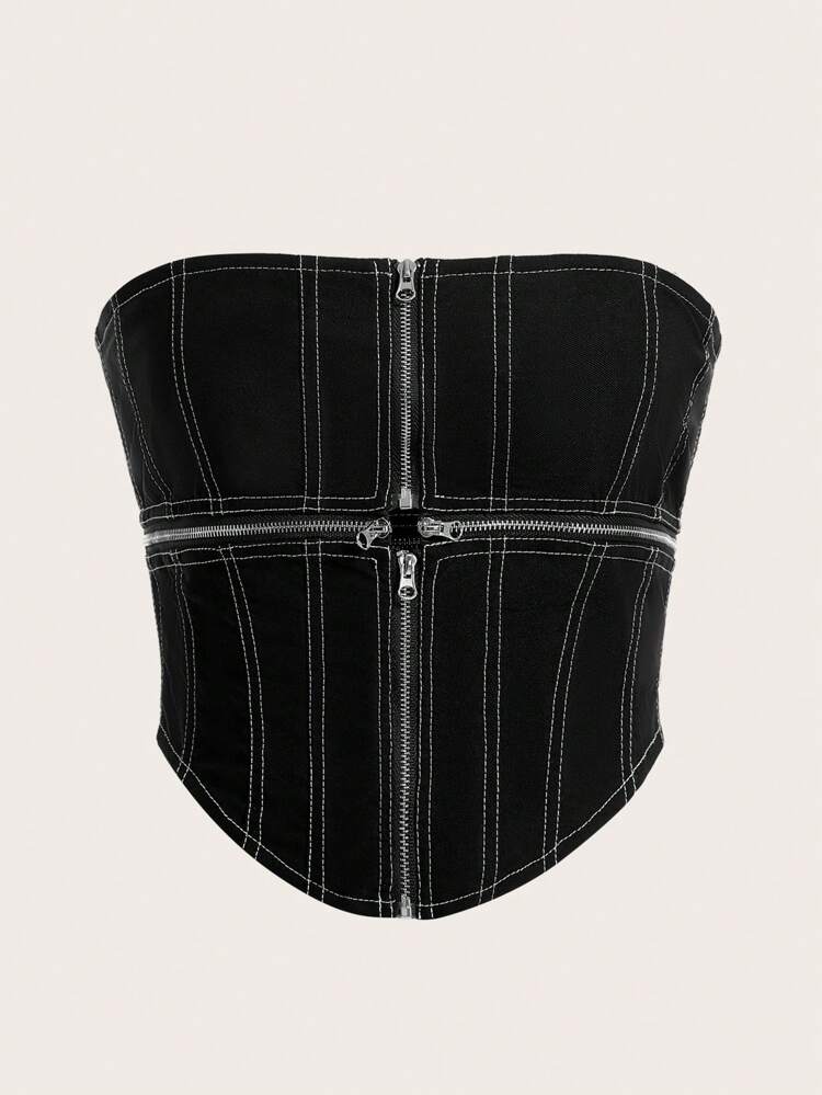Women's Contrast Color Zipper Decor Strapless Top