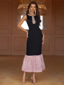 SHEIN Belle Vestido de cóctel para mujer con bajo empalmado, con parte delantera calada y decoración con cadena de rhinestones - Multicolor - Ver 3