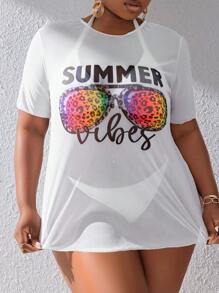 Lynsi Whitaker Artist Vacation Summer Beach Plus Size Leopard Print Glasses & Letter Printed Mesh Cover Up Shirt, For Summer, Holiday, Festival, Ibiza Fits