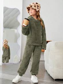 SHEIN Cô gái Dệt kim Màu thuần Sang trọng áo có mũ Lỏng lẻo Áo Và Quần Giải trí Bộ - xanh quân đội - Xem 4