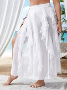 SHEIN Swim Curve 大尺碼女用荷葉邊裝飾罩裙婚禮 - 白色 - 查看 1