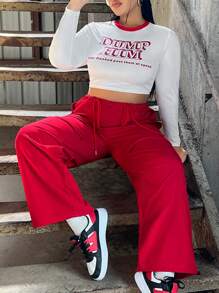 SHEIN EZwear Plus Size Women's Letter Print Cropped Top And Utility Pants Set - Multicolor - View 7