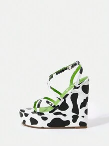 Women's Wedge Heel Thick Platform Sandals - Black and White - View 7