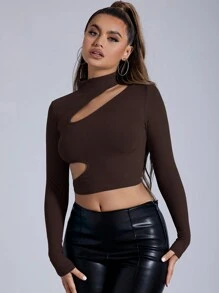 SHEIN SXY 女式鉸空短袖長版t恤 - 巧克力棕 - 查看 4