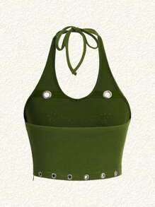 SHEIN EZwear Rhinestone Butterfly Pattern Eyelet Grommet Decorated Halter Top And Bolero - Green - View 4