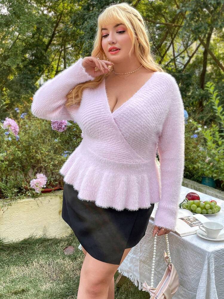 Plus Size Back Cutout Ruffle Hem Wrap Sweater Knit Pullover Fall Winter